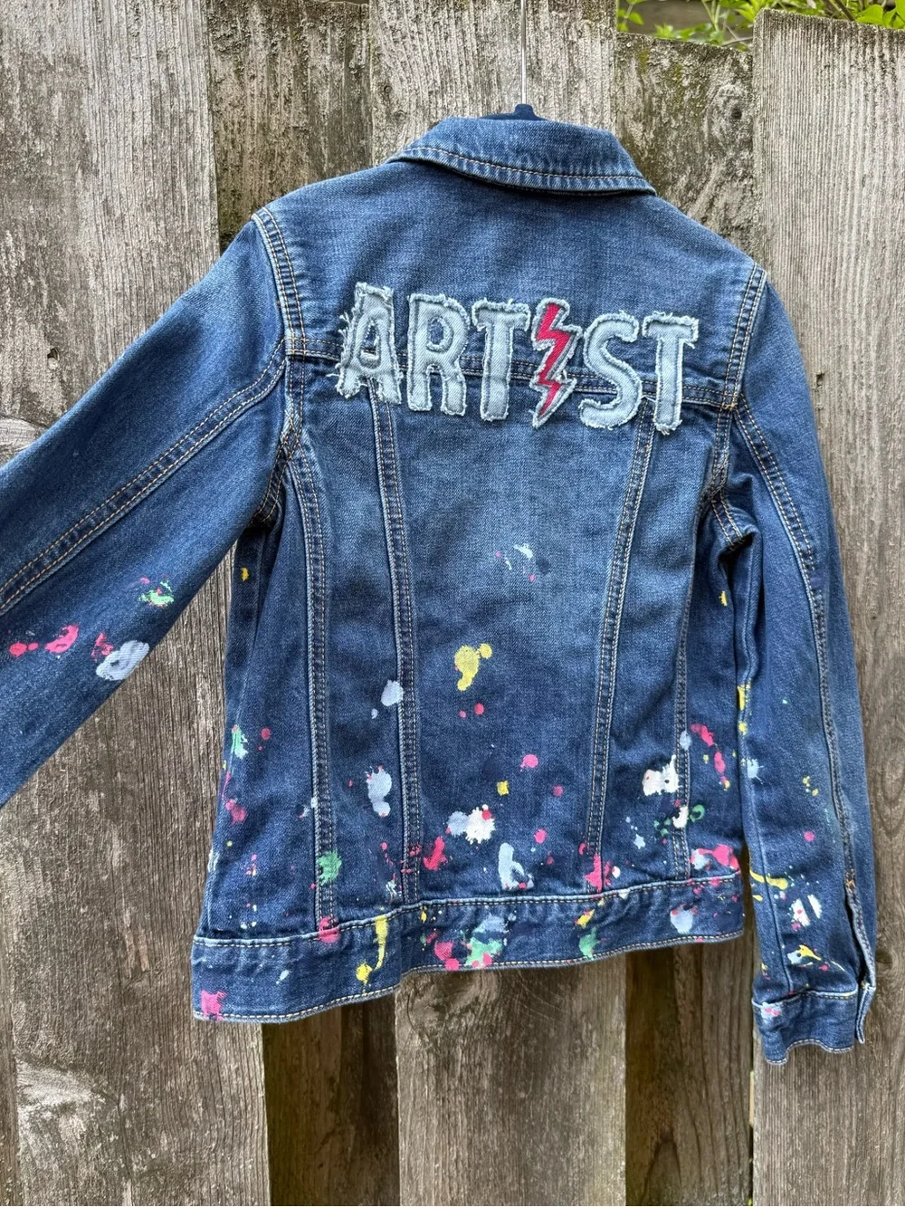 GAP Blue Denim Jacket with Artist back and Multicolor Paint Splatters